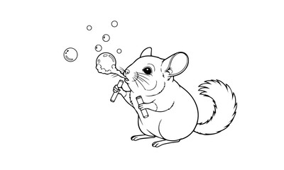 Fototapeta premium A charming illustration depicts a chinchilla playfully blowing soap bubbles with a wand. Coloring page, black and white
