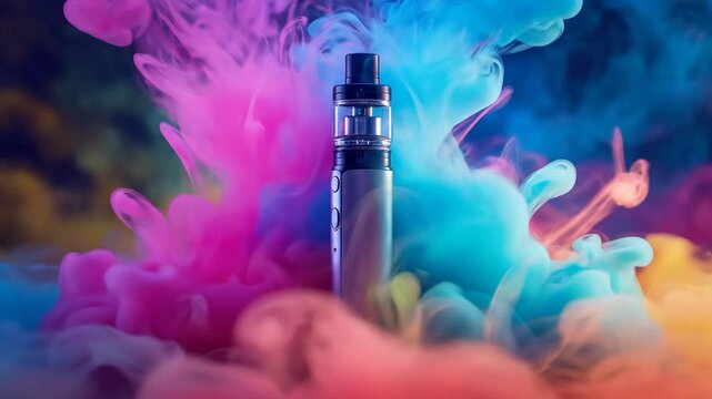 A vape device stands amidst vibrant clouds of pink, blue, and yellow vapor.
