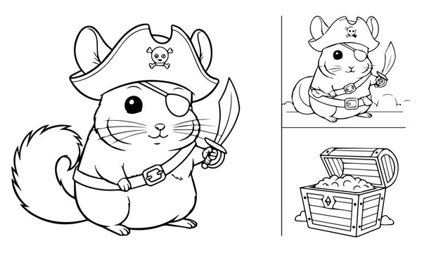 Two pirate chipmunks and a treasure chest in a playful line art illustration. Coloring page, black and white