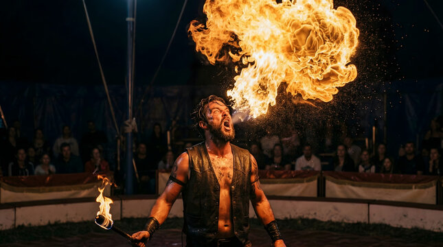 Professional fire breather performing a dramatic fire breathing act with a massive fireball in a circus arena at night for an audience