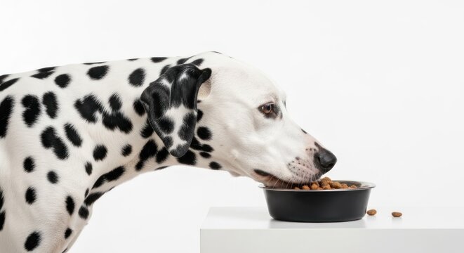 Dalmatian dog eats from a food bowl on a white surface, side view