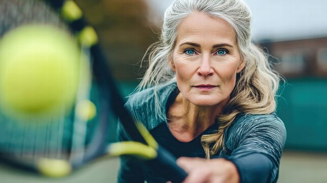 Senior woman in action playing tennis on a sunny day with a determined gaze.