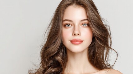 Fototapeta premium Beautiful young woman with flawless skin and wavy brown hair, studio portrait