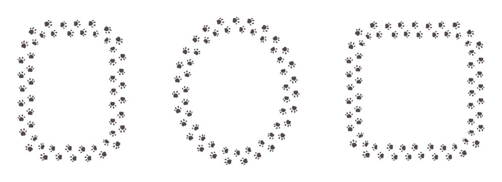 Paw print of a dog or cat. Cute silhouette footpath circle frames set. Wavy walk, marks. Steps of running or walking animal. Curved path of paw prints