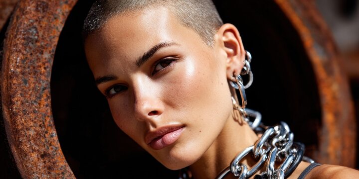 Close-up portrait of a woman with a buzz cut and bold silver jewelry against a rusty background