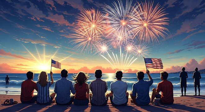 People watch fireworks display on beach at sunset with American flags