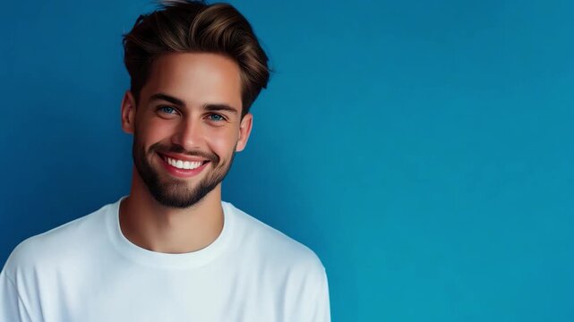 A young man stands smiling in front of a blue background while wearing a white t shirt and looking relaxed