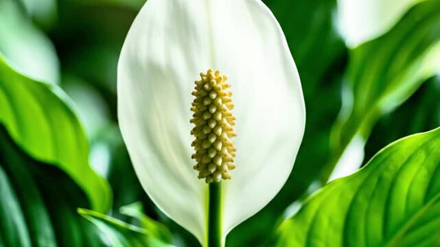 Timelapse of a peace lily spathe and spadix emerging cleanly in soft light.