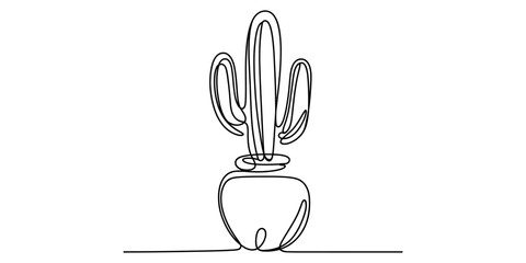 Fototapeta premium A minimalist single continuous line drawing of a small potted cactus with a simple round base