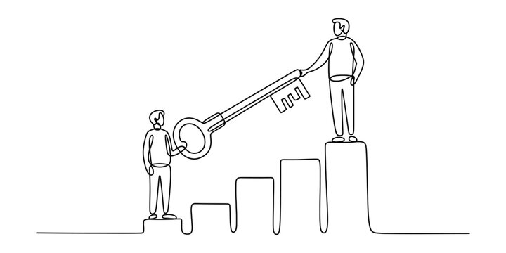 A single continuous line drawing of two people holding a large key on top of a rising bar graph. Vector, illustration