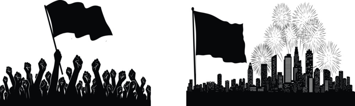 A stark visual contrast depicts a somber flag alongside a vibrant celebratory fireworks display over a city skyline
