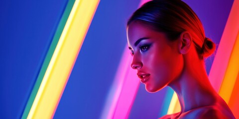 Obraz premium Futuristic fashion model with vibrant neon lights and dramatic makeup