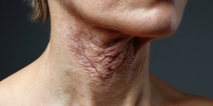 Close-up of aged skin on a woman's neck showing wrinkles and prominent veins