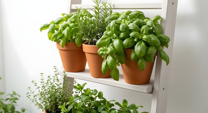 Indoor herb garden with fresh basil and rosemary in terracotta pots on a white wooden shelf