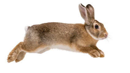 Brown wild rabbit jumping mid-air with long ears and fur © Michal