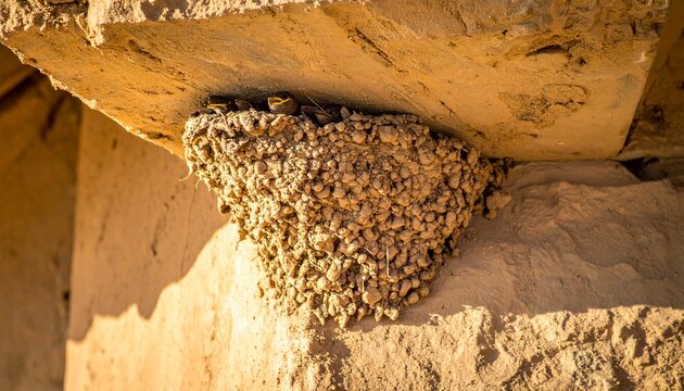 Close-up of cliff swallow mud nests on adobe wall texture with natural lighting