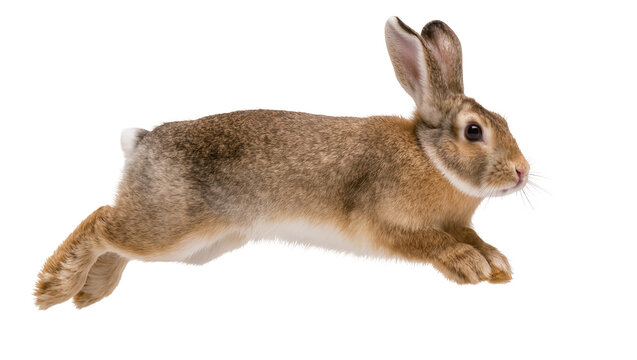 Brown wild rabbit jumping mid-air with long ears and fur