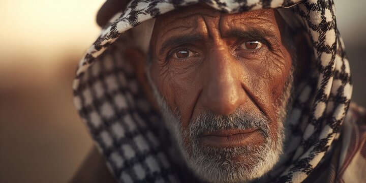 Close-up portrait of an elderly Arab man with weathered skin and a traditional keffiyeh headscarf