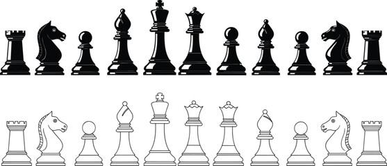 Classic chess pieces set with solid and outline styles, strategy board game elements, king queen rook knight pawn vector illustration © MDRAKIB
