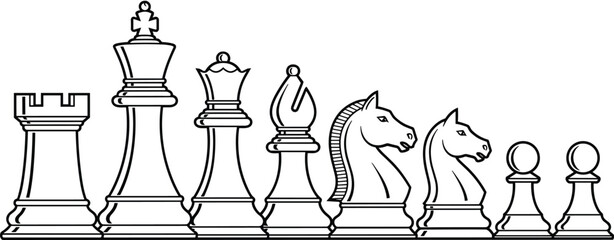 Chess pieces outline illustration set, classic strategy board game elements, king queen rook knight bishop pawn icons, clean vector design © MDRAKIB