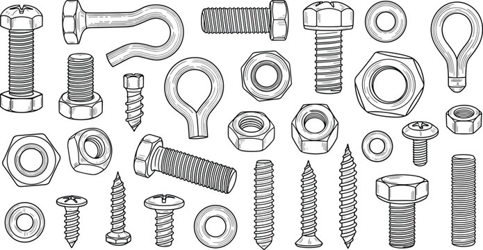 Detailed bolts nuts screws and fasteners illustration set, industrial hardware collection, mechanical engineering components, technical outline drawing vector