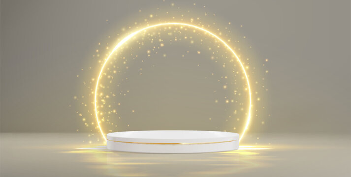 Elegant white 3D platform with golden circle and glitter background. Vector realistic illustration of luxury stage with shimmering design for product presentation, award ceremony, sale promo banner