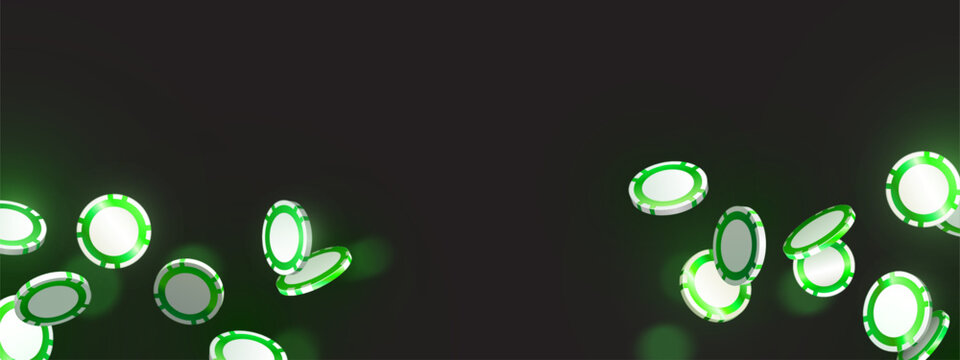 Casino chips and coins cascade with neon green glow, 3D realistic vector gambling background. Poker promotion banner and jackpot win border with falling dices, bingo or lucky rain concept