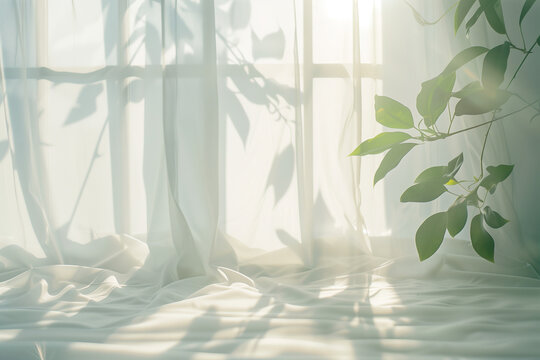 Fresh Green Plant Shadows with Soft Morning Light, Minimal Botanical Interior Background