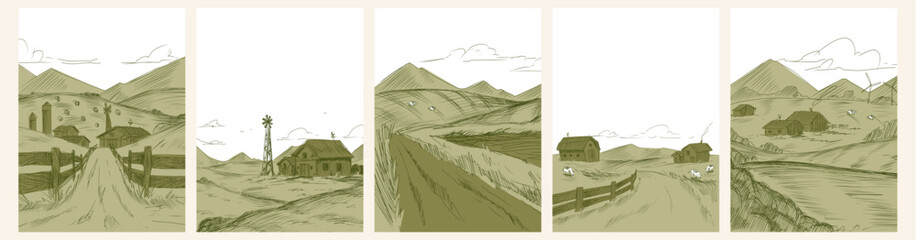 Set of hand drawn farm sketches with countryside fields, grazing cows. Vector illustration of vintage agricultural scene for rustic branding, green pasture landscapes, rural windmill and barn on hill © klyaksun