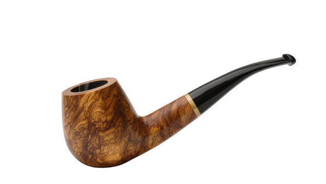 Curly wooden smoking pipe with black mouthpiece and gold band