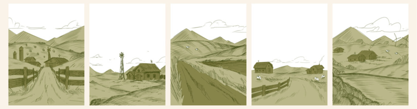 Set of hand drawn farm sketches with countryside fields, grazing cows. Vector illustration of vintage agricultural scene for rustic branding, green pasture landscapes, rural windmill and barn on hill