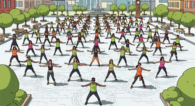 Outdoor group fitness class in city square, diverse women doing aerobics workout, community wellness event in urban park vector illustration