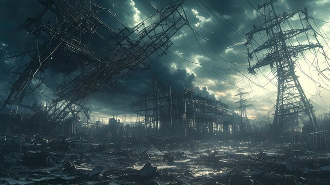 Desolate Power Lines Amidst Ruins in a Post-Apocalyptic Landscape