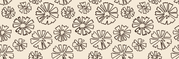 Seamless abstract floral pattern with hand drawn outline flowers in a minimal style. Neutral beige background with brown line art, ideal for textiles, wrapping, branding, and modern decor © incarnadine