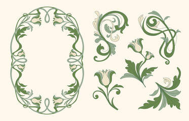 Obraz na płótnie Canvas Elegant art nouveau floral frame, corners with ornate botanical ornament and decorative vintage border. Botanical vector design elements for sophisticated projects isolated on background
