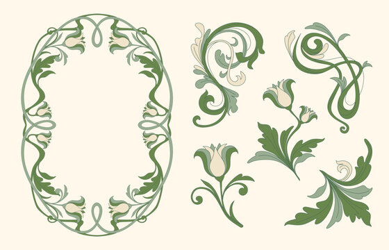 Elegant art nouveau floral frame, corners with ornate botanical ornament and decorative vintage border. Botanical vector design elements for sophisticated projects isolated on background