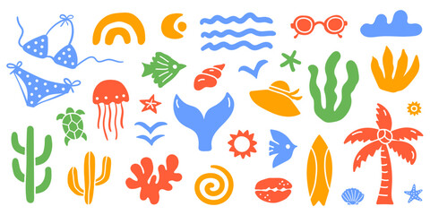 Obraz premium Set of doodle beach elements. Hand drawn palm trees, sea waves, seashells, surfboard, and sun. Summer icons for designs, t-shirts, posters, and coastal branding. Vector illustration