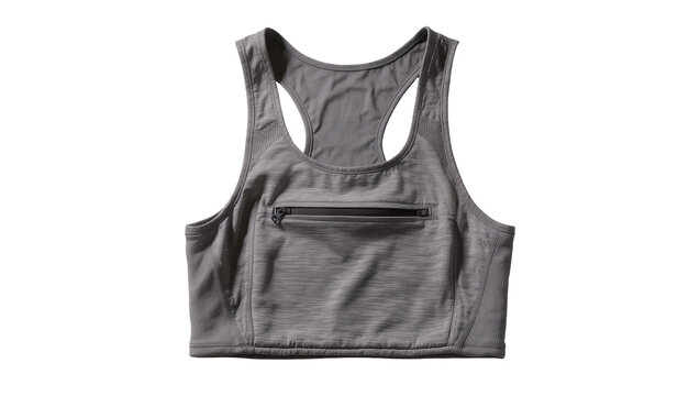 Gray athletic racerback sports bra with zipper pocket detail