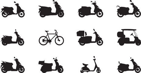 Fototapeta premium A collection of black silhouettes showing various types of scooters and one bicycle icon set isolated on white background