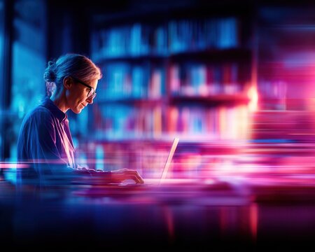 Woman working on laptop with vibrant neon light streaks and blurred background of bookshelves