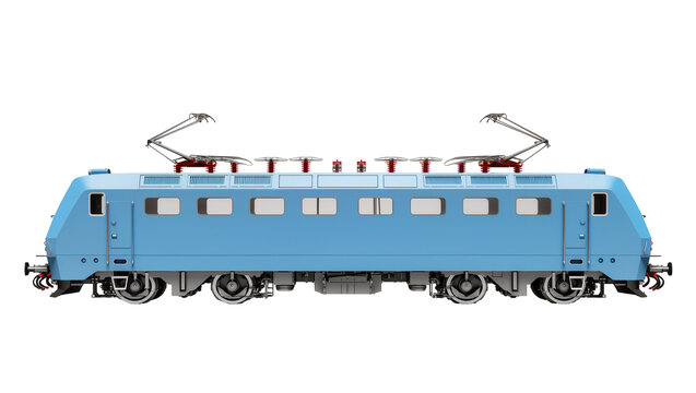 Blue Electric Locomotive with Pantographs and Wheels on Rails