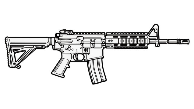 Detailed Black and White AR 15 Style Rifle with Folding Stock