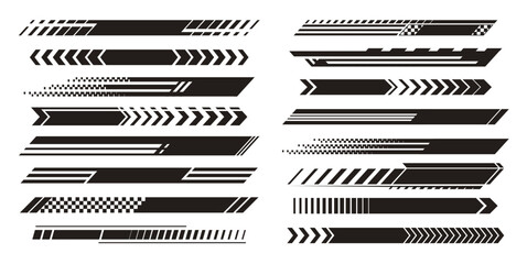 Set of black racing stripes on white background. Vector illustration of bold arrows, checkered flag elements and lines for race car or motorsport graphics, fast speed pattern designs, sports banner © klyaksun