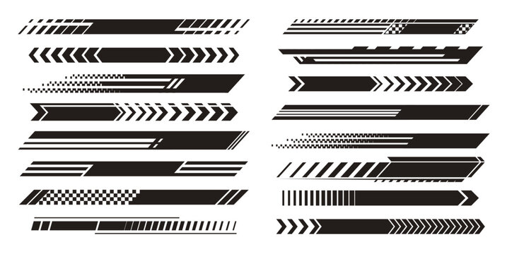 Set of black racing stripes on white background. Vector illustration of bold arrows, checkered flag elements and lines for race car or motorsport graphics, fast speed pattern designs, sports banner