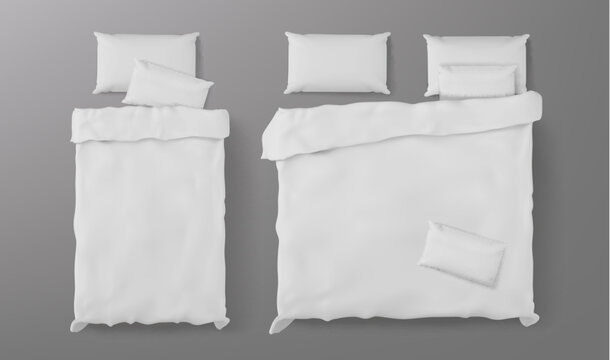 3d bed mockup, top view with white blanket, soft pillows, single and double duvet cover with realistic texture, vector icons isolated on gray background for bedroom interior. Linen textile bedclothes