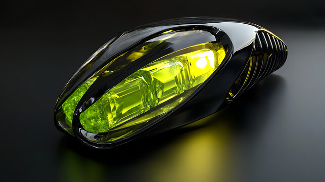 Headlight concept design with glowing green-yellow gemstone core resembling chrysoberyl cabochon 