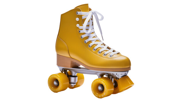 Yellow patent leather roller skate with white laces and wheels