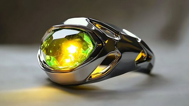 Headlight concept design with glowing green-yellow gemstone core resembling chrysoberyl cabochon 