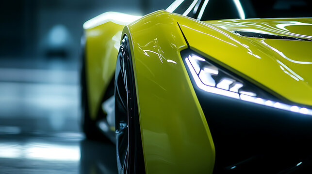 Futuristic car front angle with headlight glowing like polished chrysoberyl under softbox light 