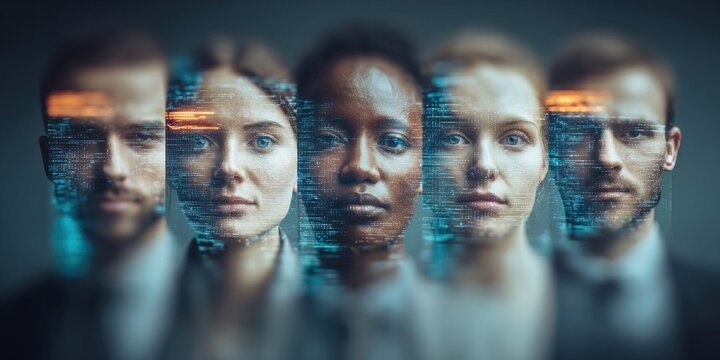Diverse group of people with digital data overlay, representing technology and humanity connection
